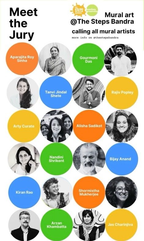 Meet the Jury poster for Mural Art at The Steps Bandra, with portraits and names of the jury members