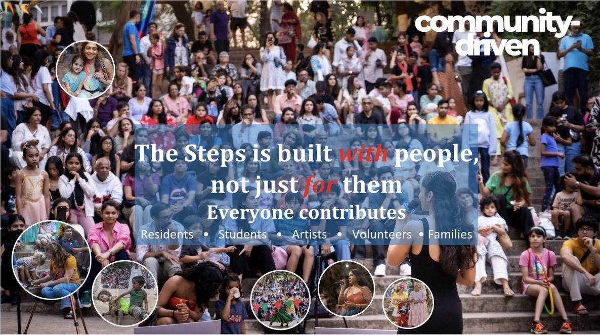 A packed audience on The Steps with the words: The Steps is built with people, not just for them. Everyone contributes: residents, students, artists, volunteers, families